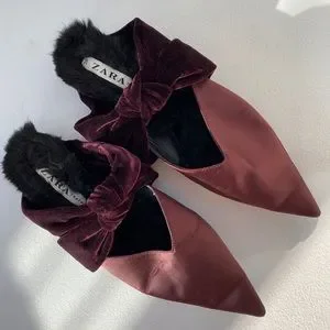 Zara Shoes Zara Pointed Burgundy Red Flats Satin Like Mules